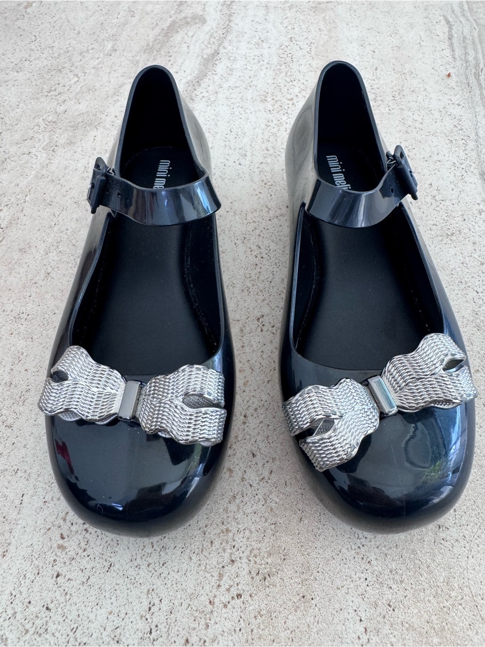 Mini Melissa Girls Black Mary Jane Jelly Shoes with Silver Bow Accent